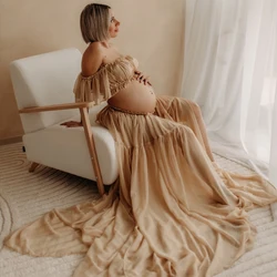 Vestido de maternidad de gasa de Color liso, hombros descubiertos, elástico, sin tirantes, manga corta, adecuado para fotografía femenina