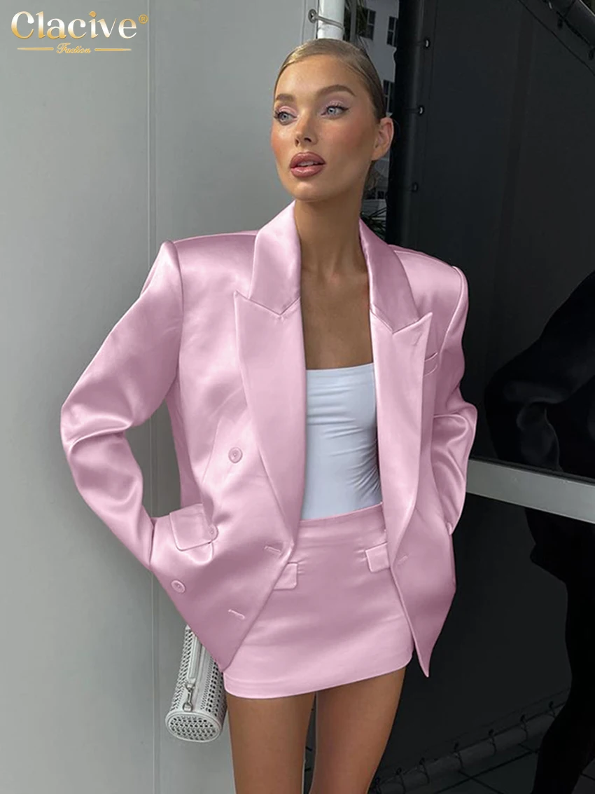 Clacive Fashion Loose Pink Satin 2 Piece Sets Women Outfit 2024 Elegant Long Sleeve Blazer With Mid Waist Mini Skirts Set Female