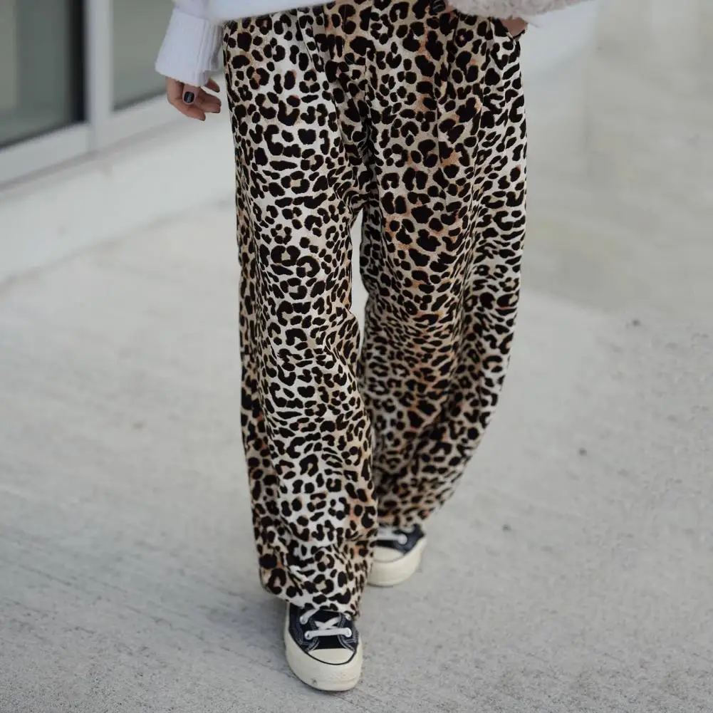 

Women Wide-leg Pants Leopard Print Wide Leg Pants for Women Mid-rise Elastic Waist Straight Trousers Streetwear Long Pants