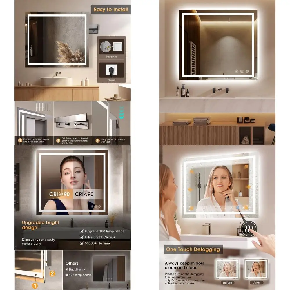 

LED Illuminated Bathroom Mirror, 40x36 inches, Wall-Mounted Vanity Mirror with Anti-Fog, Touch Control, Memory Function, Dimmabl