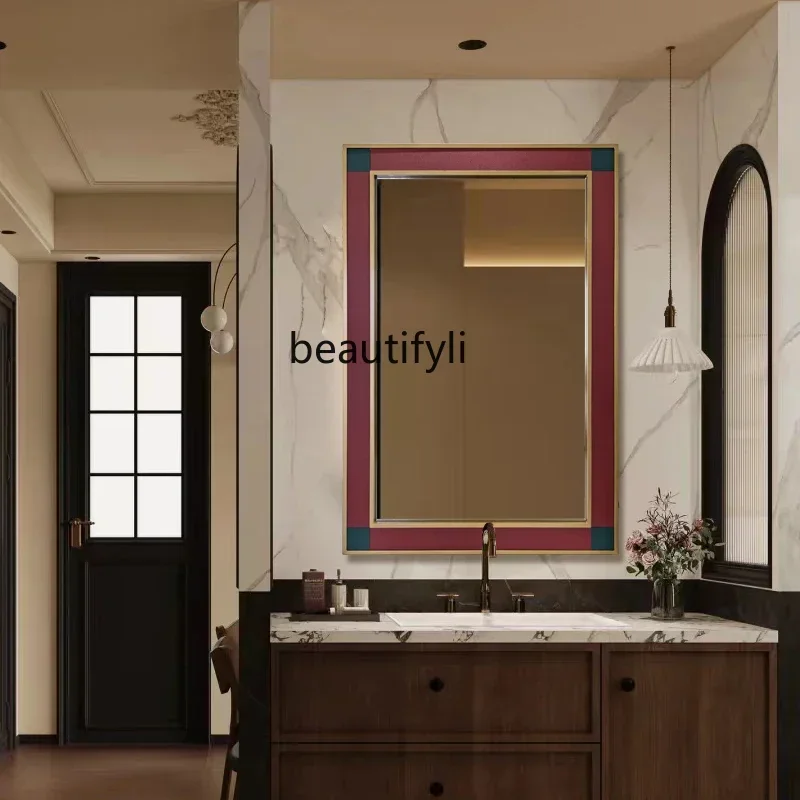 

Retro bathroom Square mirror Wall-mounted washstand mirror Smart American matte mirror with lamp