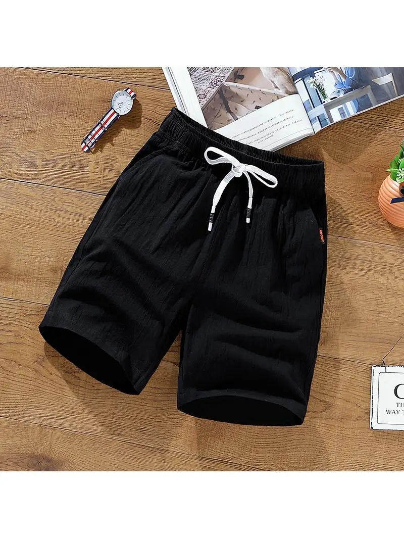 

Летние тонкие льняные мужские повседневные спортивные брюки с пятью точками, домашняя одежда, удобная футболка с эластичной резинкой на талии длиной до четверти