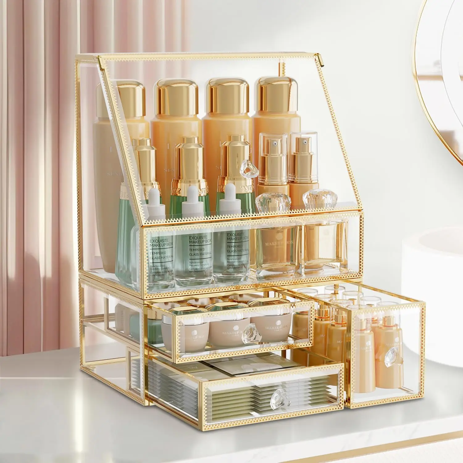 Clear Glass Makeup Organizer with Drawers, Stackable Skincare Holder for Vanity and Bathroom Countertop