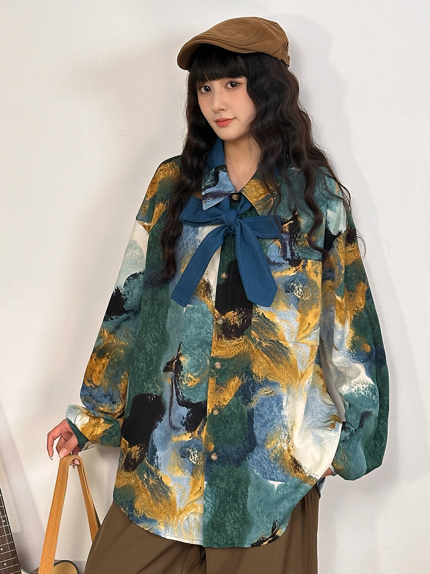 

Женский свободный топ в стиле ретро в американском стиле с принтом масляной живописи Long Sve irt, повседневный модный полиэфирное волокно