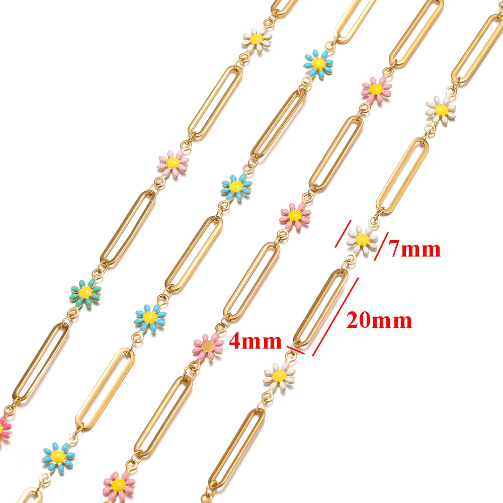1 Meter Stainless Steel Enamel Flowers Long Buckle Gold Color Flat Chains for Necklace Bracelet Findings DIY Jewelry Making
