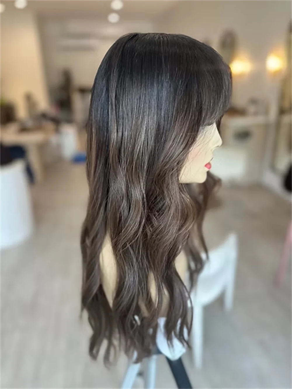 Top Grade Lace Wig with Bangs Dark Brown Highlights Synthetic Futura Fibre Wigs Easy to Wear Fringe Hair Natural Look Lace Top