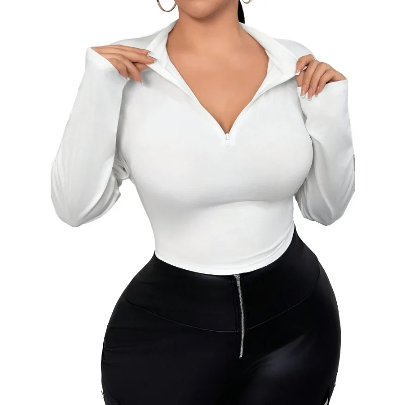 

Plus Size 1XL-5XL Women's Fashion Autumn Half Zip Solid Color T-shirt Ladies Casual Long Sleeved T-shirt Top