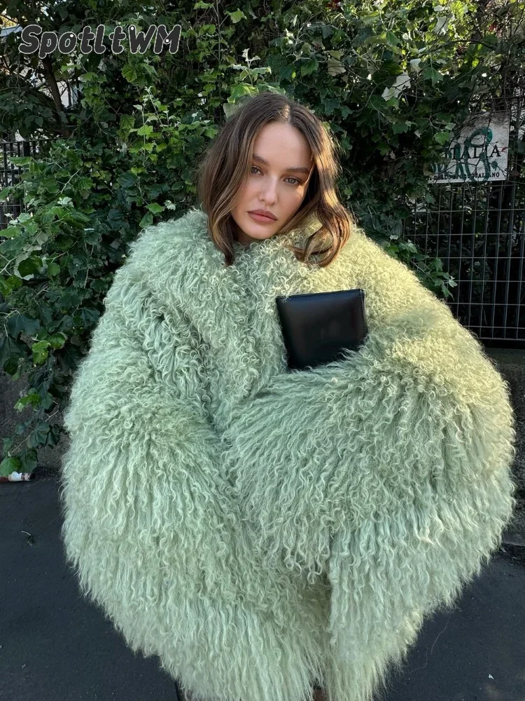 Green Fashion Oversize Plush Fur Coat For Women Elegant Soft Warm Long Sleeves Loose Jackets Winter Chic 2024 Street Outerwear ﻿