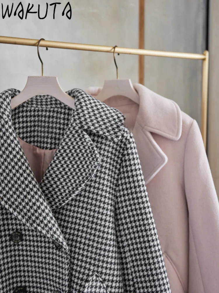 Wakuta Turn-Down Collar Long Sleeve Sweet Coat Casual Elegant Houndstooth Double Breasted Jacket Japan Loose Soft Outwears