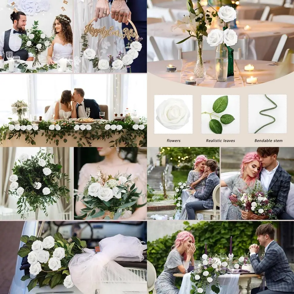 

200 белых искусственных розовых бутонов с листьями для свадеб, букетов своими руками и декора для вечеринок