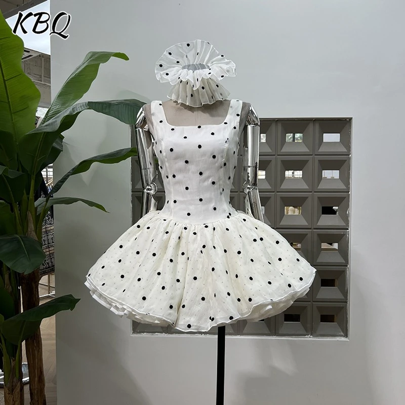 

KBQ Hit Color Spliced Hair Flower Tunic A Line Dresses for Women Square Collar Sleeveless Backless Dot Dress Female Fashion New