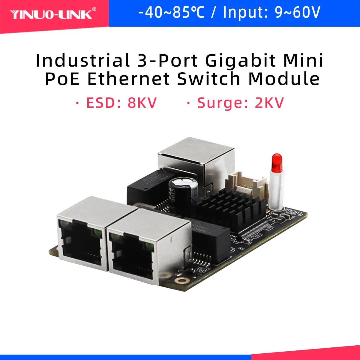 YINUO-LINK_YN-IES103 PoE Non-Managed Mini Industrial Switch PCBA 10/100/1000Mbps  3 Port PoE Switch Motherboard AF/AT Supported