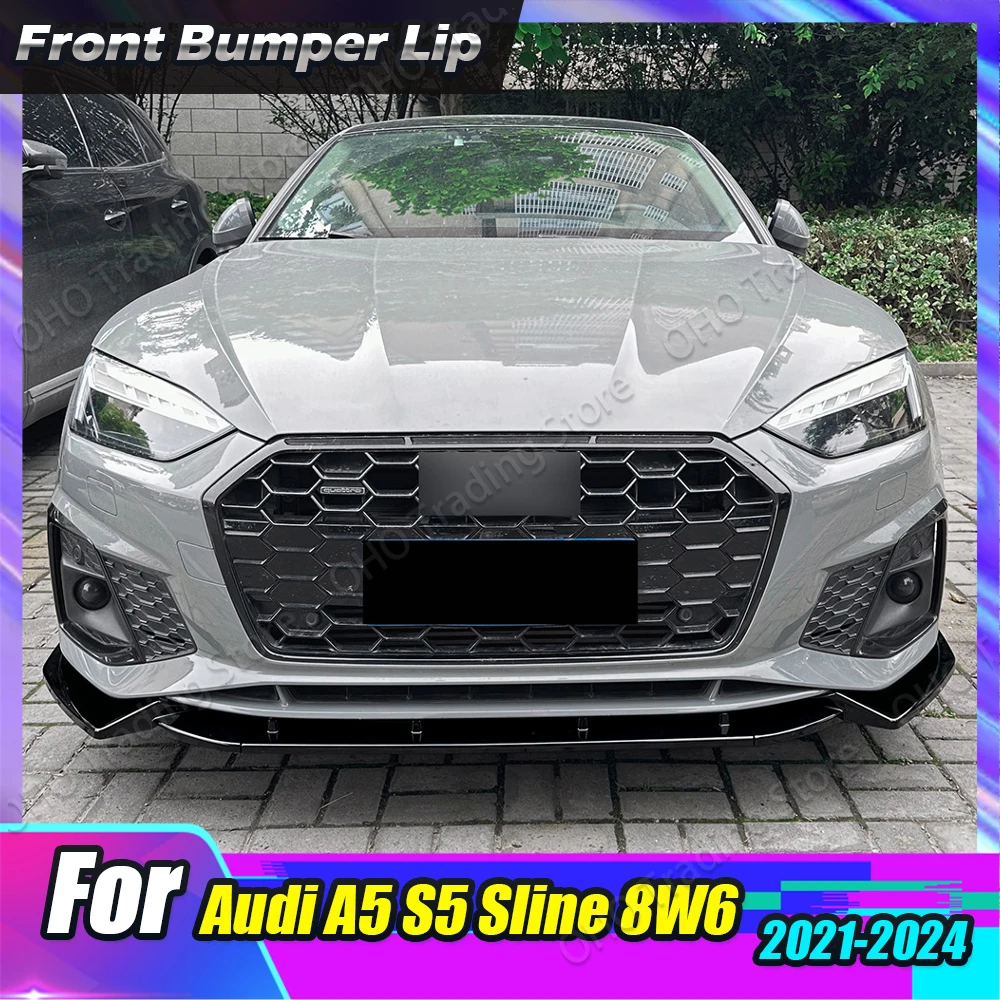 Car Front Bumper Lip Splitter For Audi A5 Sline S5 8W6 2021 2022 2023 2024 Diffuser Body Kit Spoiler Trim Black Tuning