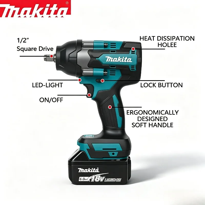 

Makita 18V 6.0Ah Li-ion Battery+1/2 Inch Brushless Impact Wrench, High Torque,2X Runtime,Power Tool for Construction Auto Repair