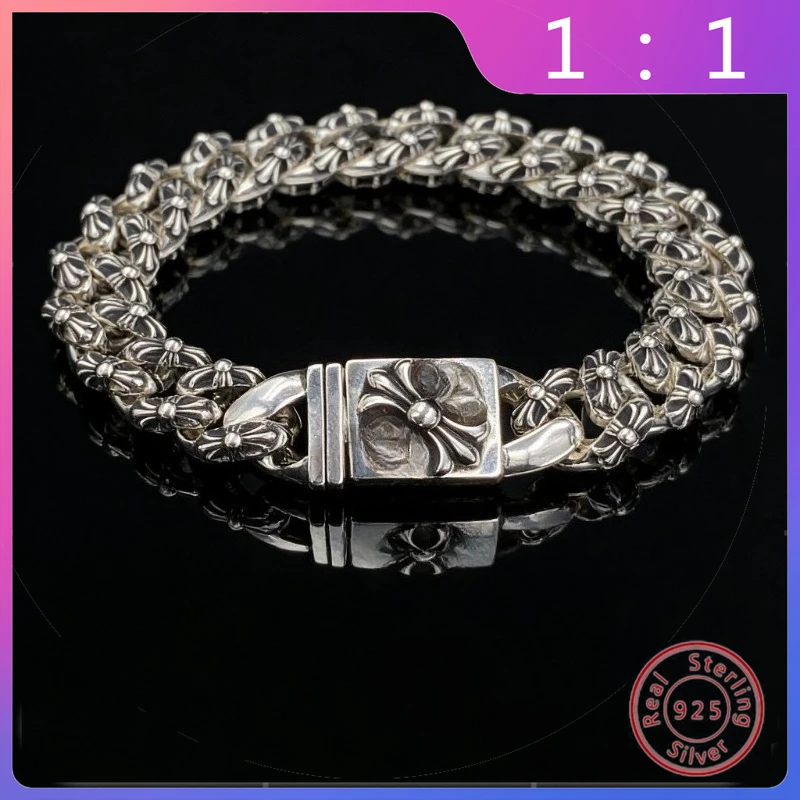 

Новый браслет из серебра S925 пробы в стиле хип-хоп и панк, модный, универсальный, ретро, с крестом и цветочным узором, в подарок