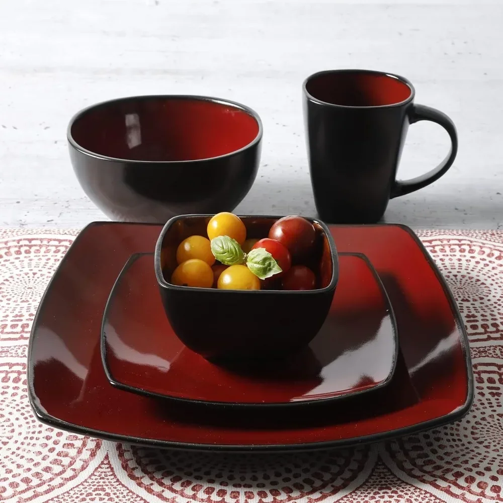 Square Reactive Glaze Stoneware Dinnerware Set, Service for 8 (40pc), Red/Black