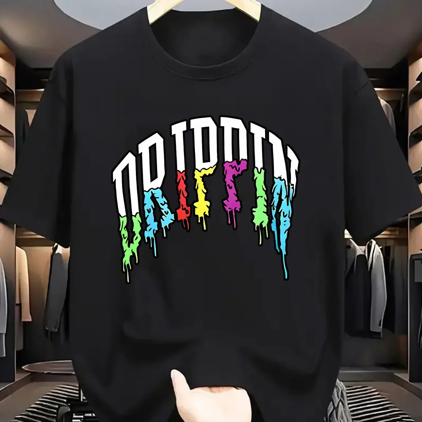 Men Hip‑hop DRIPPIN Rainbow Drip Effect Arc Letter Graphic Front‑print White Loose Short‑sleeve T‑Shirt Y2K Street‑style Unisex