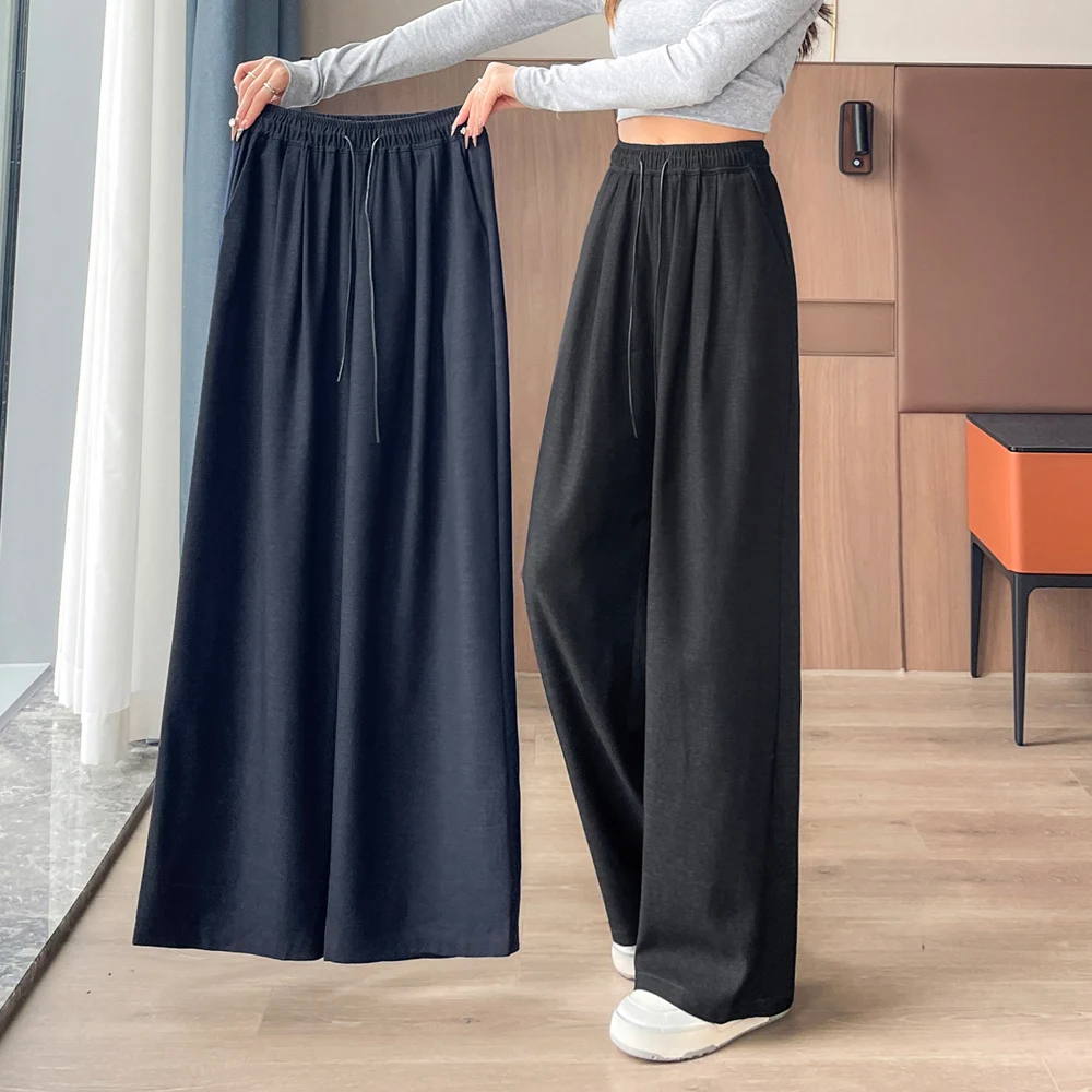 

denim fabric Casual Pants for Women 2025 Autumn Wide Leg New Loose Vertical Elastic Waist Drawstring Sporty Trousers