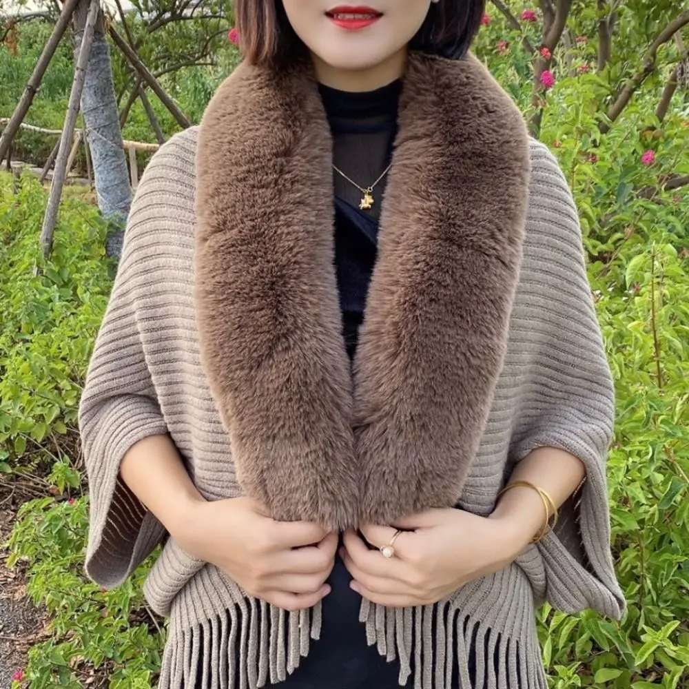 Knitting Thick Women\'s Loose Shawl with Faux Fur Collar for Evening Dresses Wedding Knitting Shawl Plush Wraps Cardigan Cape