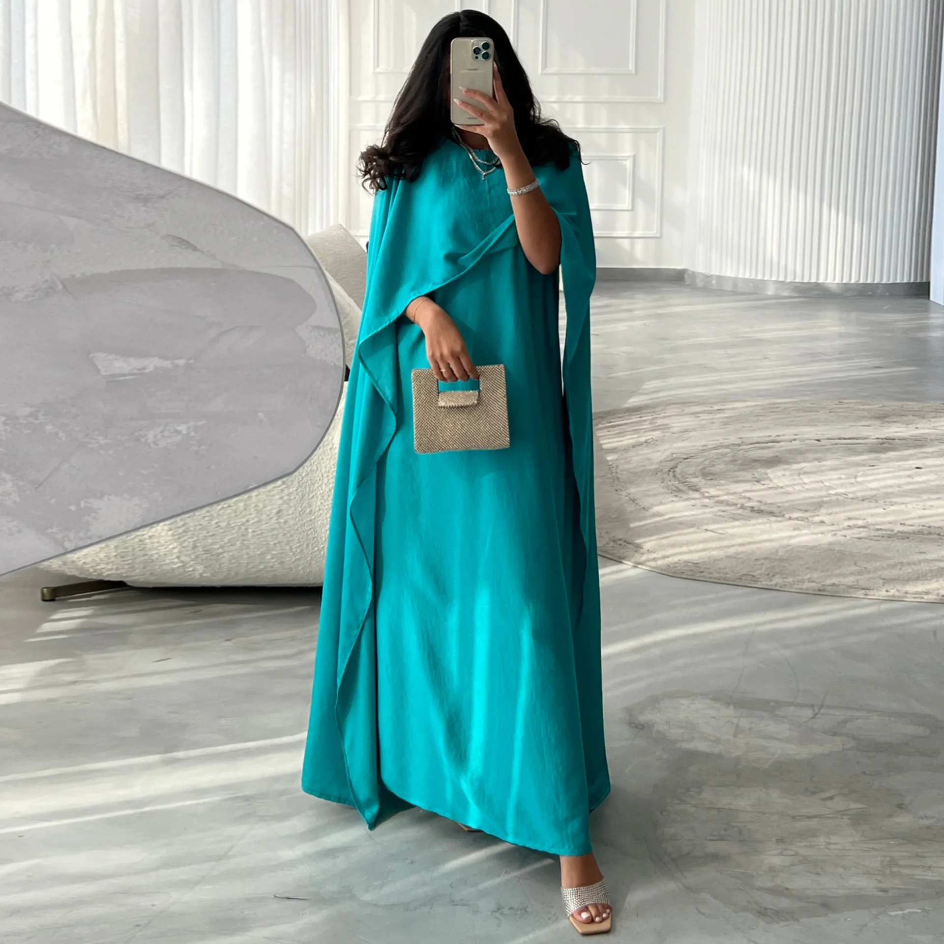 

Eid Djellaba Satin Muslim Women Cloak Modets Dress Cape Sleeve Jalabiya Kebaya Dubai Abaya Turkey Kaftan Ramadan Caftan Marocain