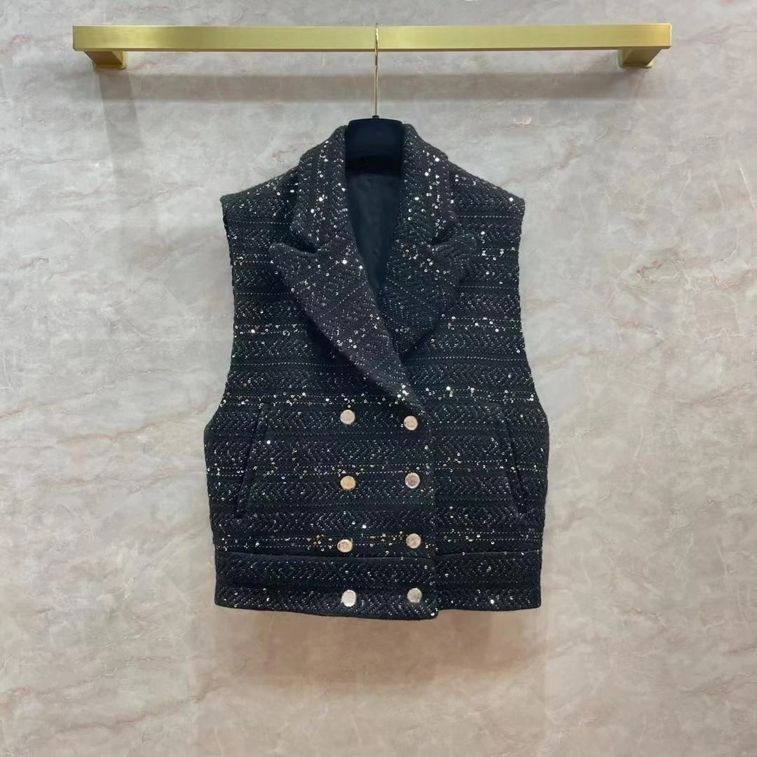 2023 Autumn France Style Elegant Women Sequins Double-breast Tweed Vest Waistcoat F145