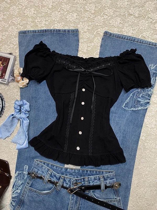 

Футболка Bla с кружевной отделкой ort Sve, женская винтажная футболка в стиле ретро, летний топ из смеси хлопка, модная винтажная одежда для девочек