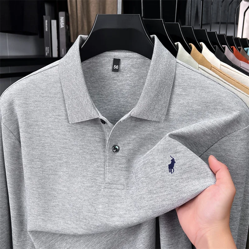 

Мужская рубашка поло осенью и зимой, 100% хлопок с длинными рукавами, осенний стиль, логотип лошади, повседневная футболка без железного воротника