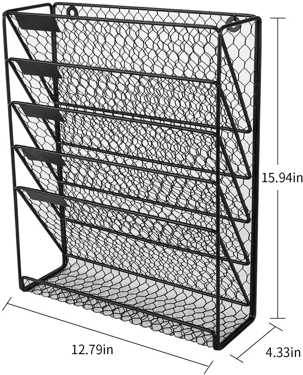 New Office Home Metal Chicken Wire Wall Mount 6 Tier Black Hanging File Holder Organizer for Book Magazine Rack