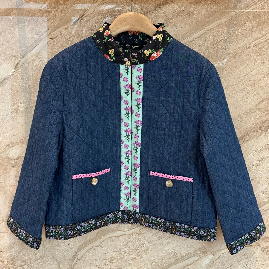 

NIGO Women's Spring/Fall Checkered Floral Print High-Neck Long-Sleeve Cotton Cardigan Jacket #hz1137