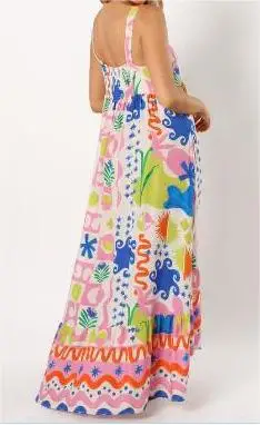 New Fashion Womens Summer Long Dress Bohemian Print Sleeveless Square Neck A-Line Dress Flowy Beach Dress S M L