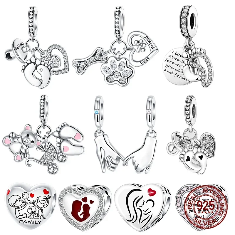 925 Sterling Silver Foot Pacifier Heart Shaped Warm Family Charm Beads Fit Pandora Original Bracelets Fine DIY  Jewelry Gifts