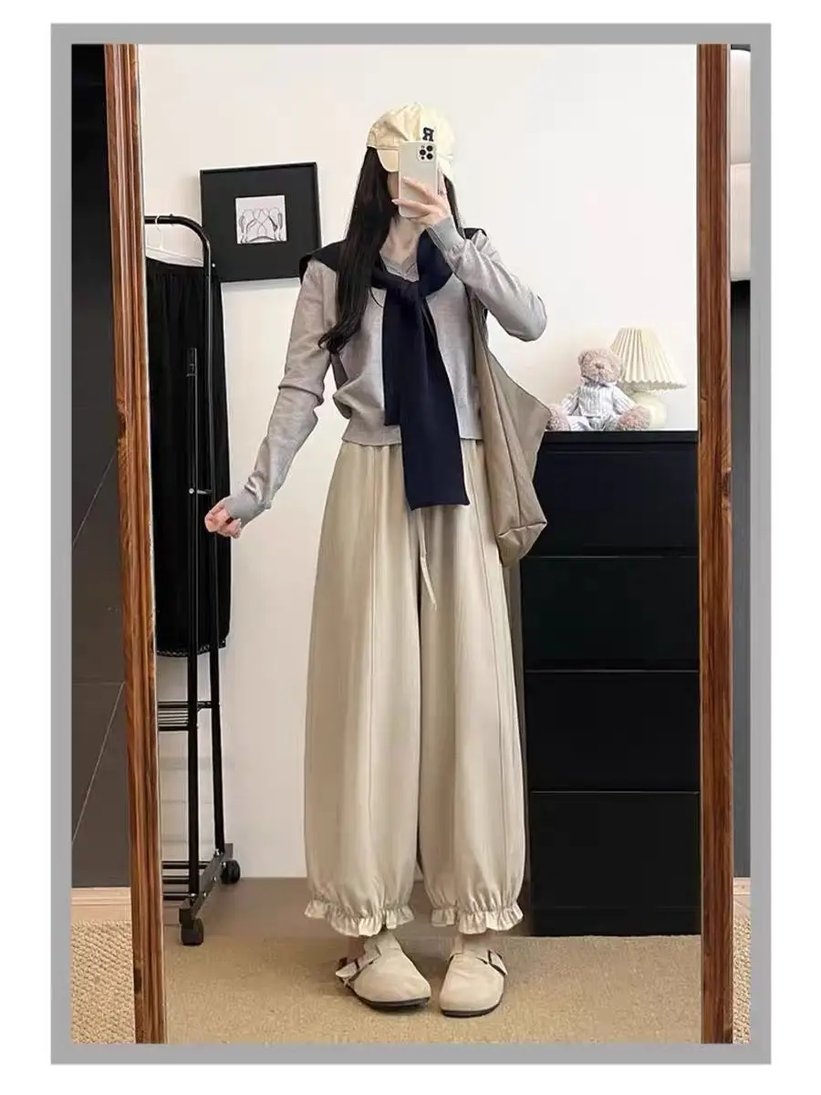 Wide Leg Pants Gym Womens Autumn Flannel Pleated Sólido Minimalist Office Classical Banded Waistband Knitted Softshell Basic OL