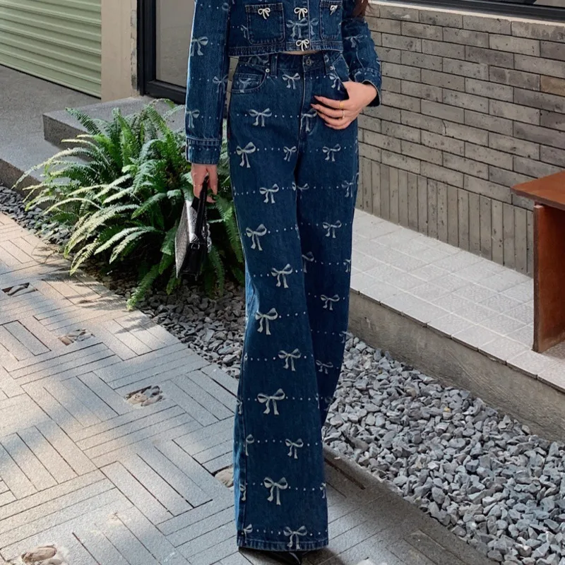 ANJY otoño nueva mujer lazos decoración impreso fresco elegante tendencia pantalones vaqueros de pierna ancha moda versátil Chic pantalones vaqueros A11034
