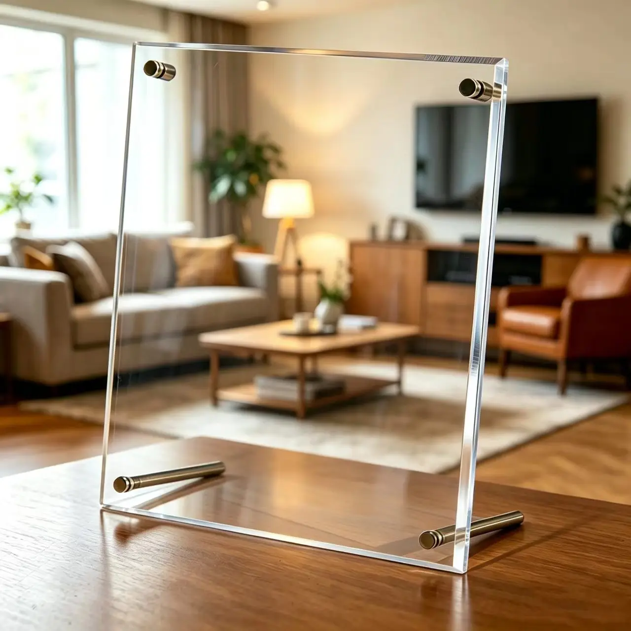 One 6-inch acrylic photo frame. Transparent and simple in style, featured with a classic tilted desktop bracket, perfect for hom