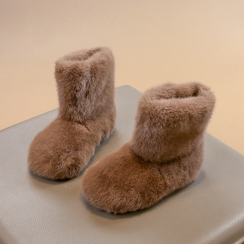 Kids Winter Fashion Round Toe Plush Cute Comfortable Warm Slip-on Snow Boots Casual Lightweight Students Daily Walking Boots