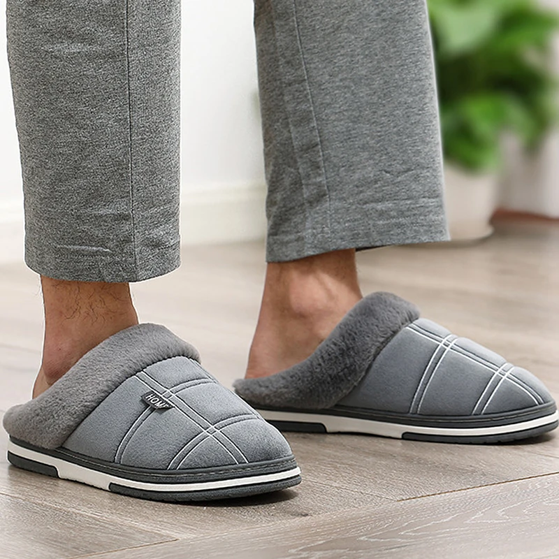 Large size 46-51 Winter House slippers Men Striped comfortable Indoor slippers Short plush Warm Non slip men slippers Gray/Brown