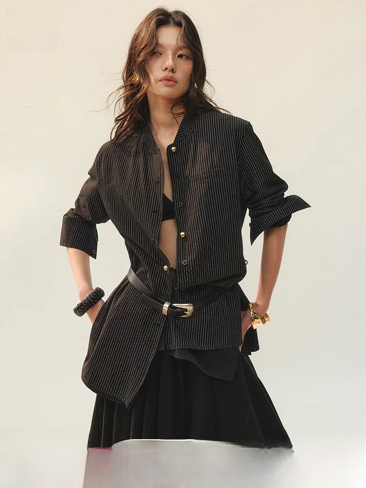 

Женская повседневная рубашка с двойным воротником-стойкой, в полоску, из смесового хлопка, с длинным рукавом, с поясом из перекрестной ткани