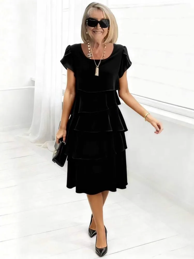 2026 Summer New Elegant Commuter Women Dress Fashionable Solid Color O-neck Multi-layer Ruffle Loose Cake Skirt Ropa Para Mujer