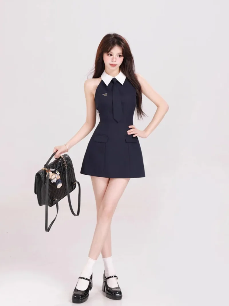 Korean Academy Polo Collar Dress Women Sleeveless Contrast Color Slim Fashion Spicy Sweet Summer Off Shoulder Temperament Wear