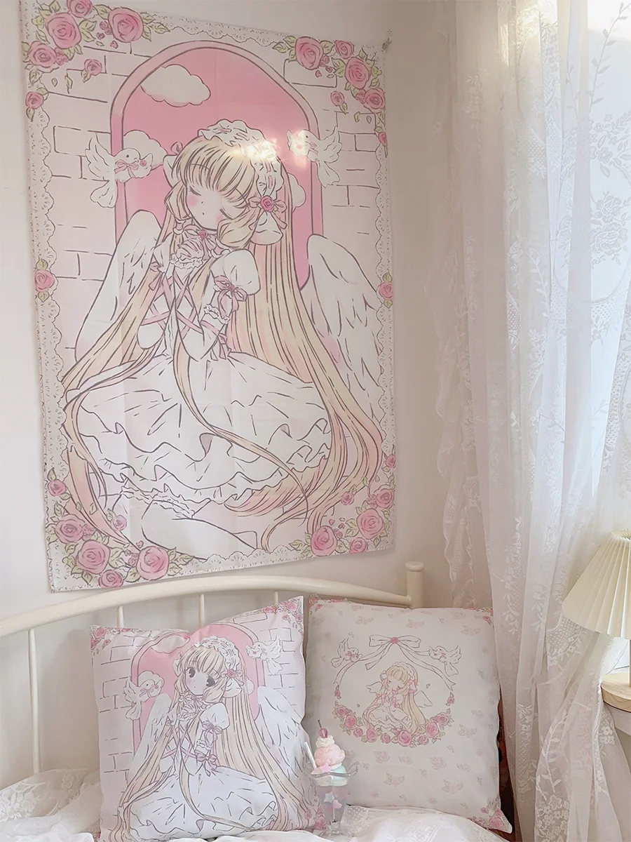VIKAMA Kawaii Angel Girl Tapestry Chobits Inspired Pink Rose Lace Print Wall Hanging for Girls Bedroom Decor Home Decor