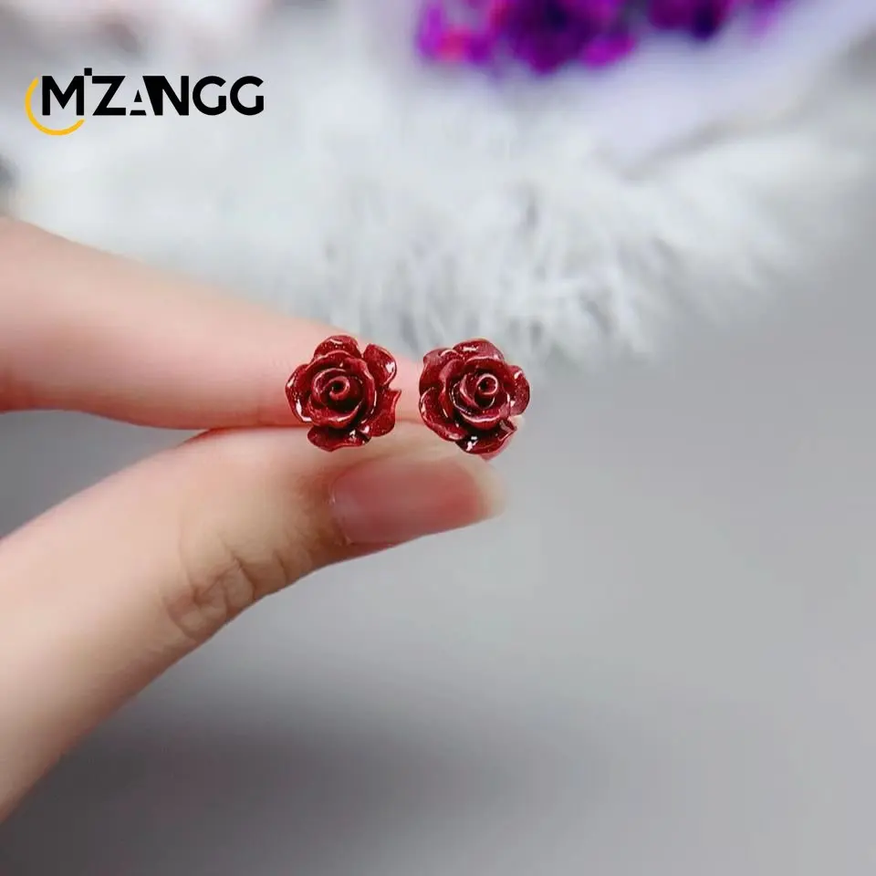 Natural Cinnabar Earrings Chinese Carved Rose Flowers Butterfly Ear Stud Lucky Amulet Temperament Fashion Jewelry Ladies Gifts