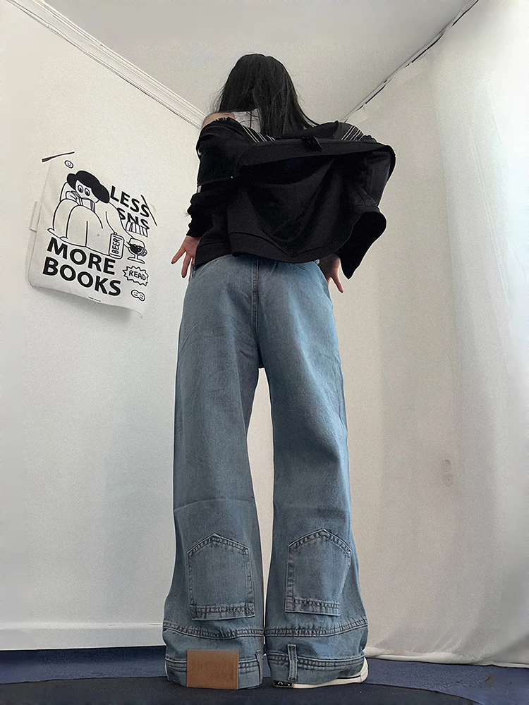 REDDACHiC Upside Down Wide Leg Jeans for Women Skater Vintage Wash Cleanfit High Rise Straight Denim Pants Boyfriend Streetwear