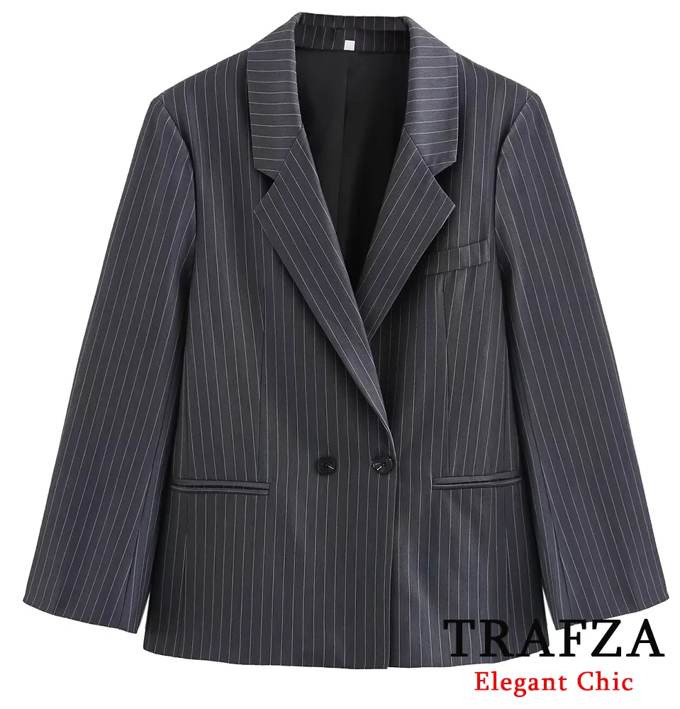 TRAFZA-Women Elegant Striped Blazer Double Breasted Loose Blazer New 2024 Fashion Fall Winter Commuter Dinner Formal Blazer