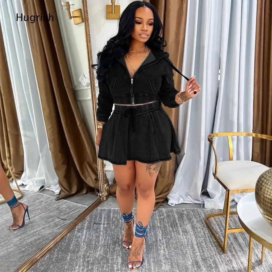 Hooded Long Sleeve Skort Romper Washed Grey Zip Front Elastic Gathered Waist Drawstring Flared Hem Women Casual Jumpsuit view 2