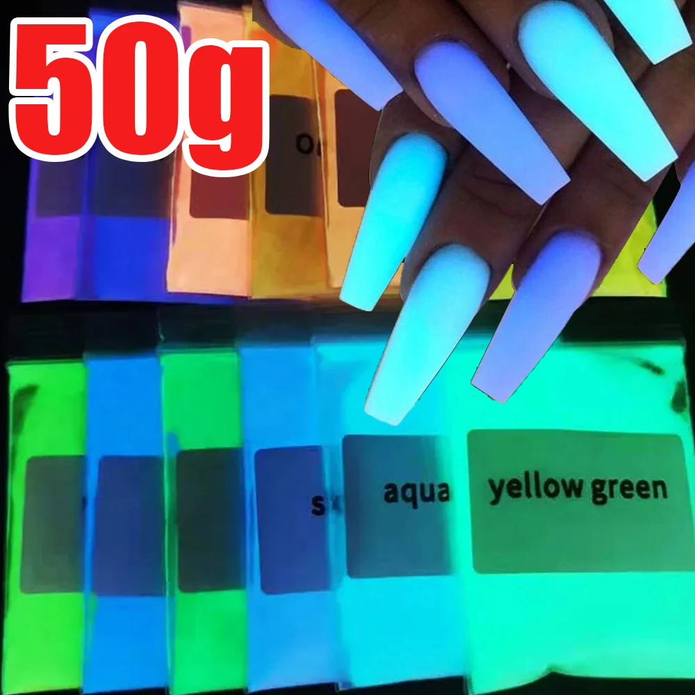 Polvo de brillo de uñas de fósforo luminoso, 50G, 12 colores, polvo fluorescente brillante verde/azul/rojo, polvo de manicura que brilla en la oscuridad # 2025