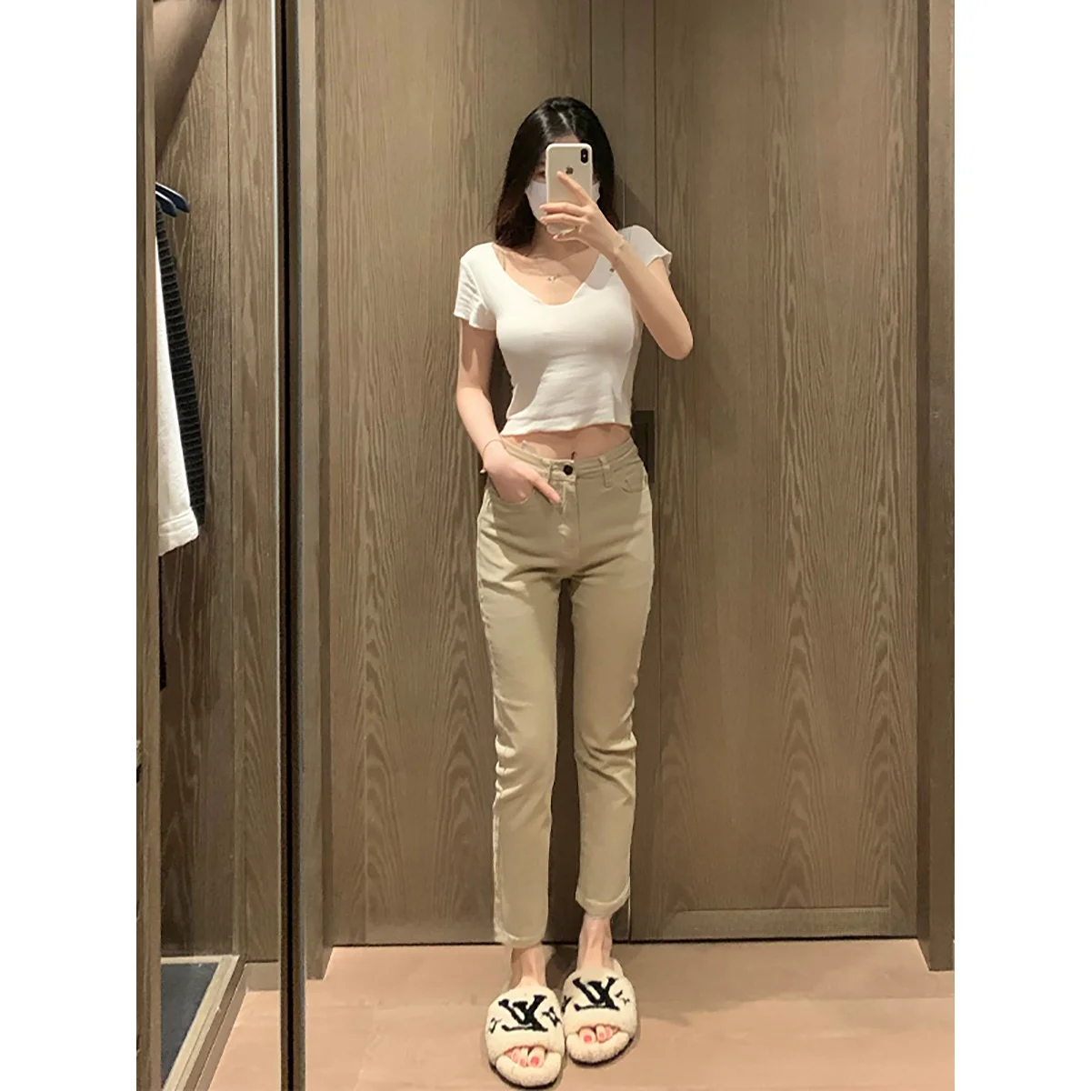 

Slimming Elastic Straight Leg Jeans High Waist Cotton Stretch Denim Tea Apricot Color Nine Point Women's High Waist Wide Leg ...
