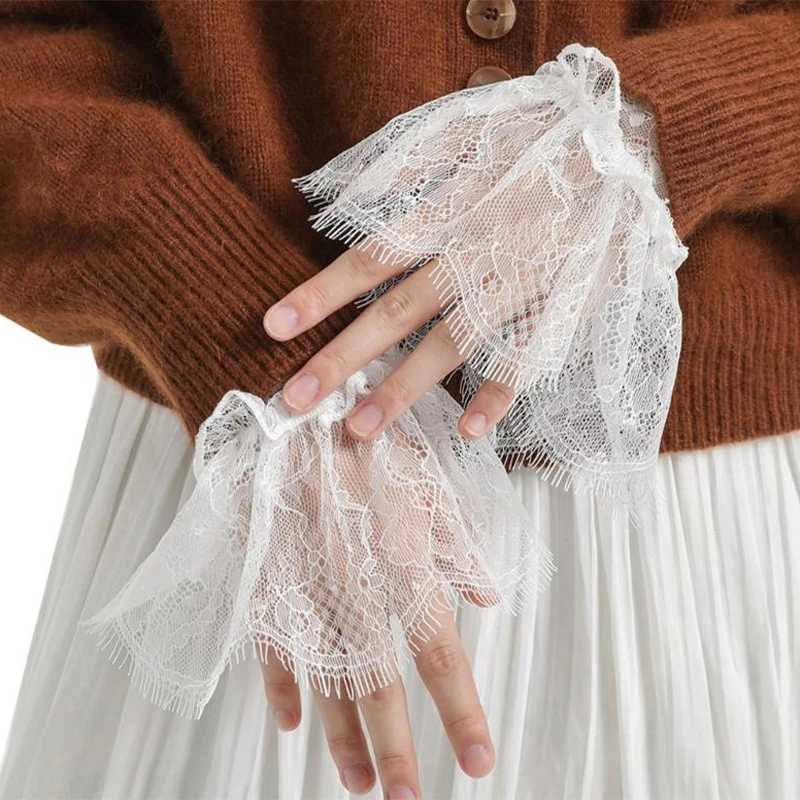 

Кружевные плиссированные рукава-манжеты с цветочным узором, белые, черные, съемные аксессуары для рукавов, перчатки, 3D кружевное украшение с имитацией манжет
