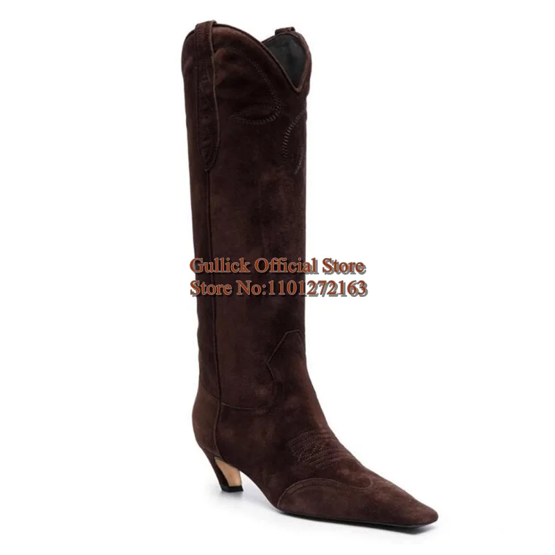 Women Cone Heels Boots Brown Suede Square Toe Slip On Block Heels Winter Tall Boots Black Leather Modern Boots