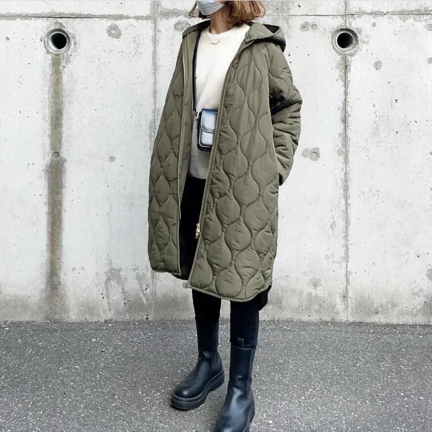 In-Stock Autumn/Winter 2023 New Style Cotton-Padded Jacket Women's Loose-Fit Medium-Length Diamond Shape Hooded Coat