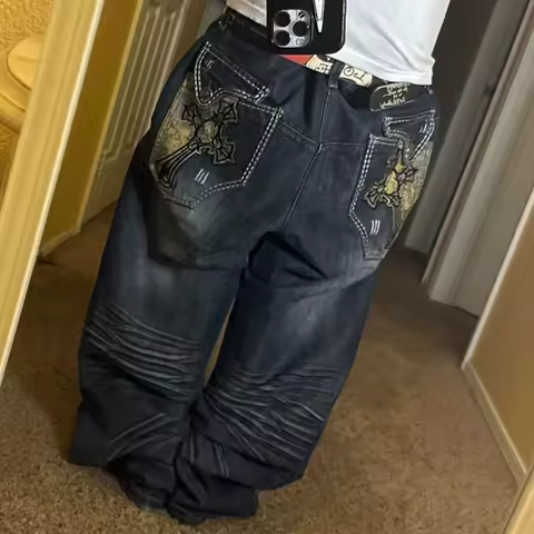 American Fashion Hip Hop Joker Loose Jeans Women Street Y2K New Casual Punk Rock Oversized Wide-leg Pants Unisex Mopping Jeans